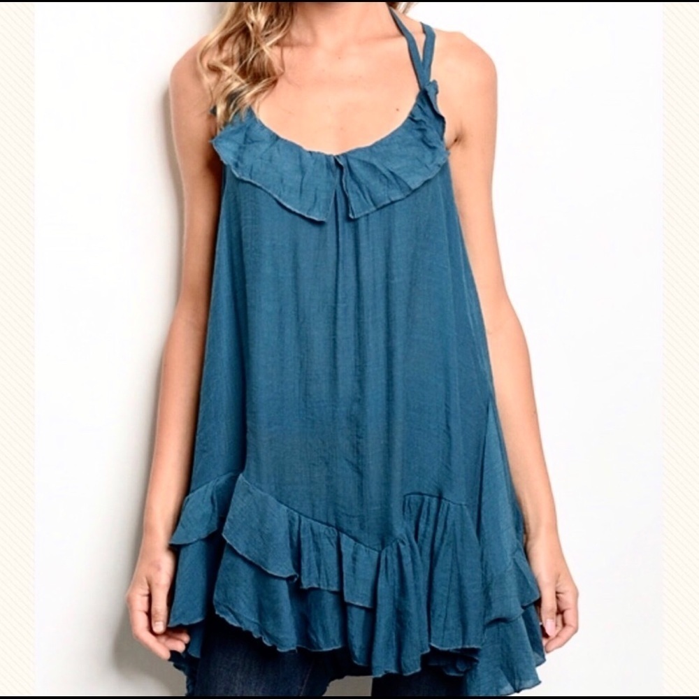 Deja teal boho ruffled tunic tank top